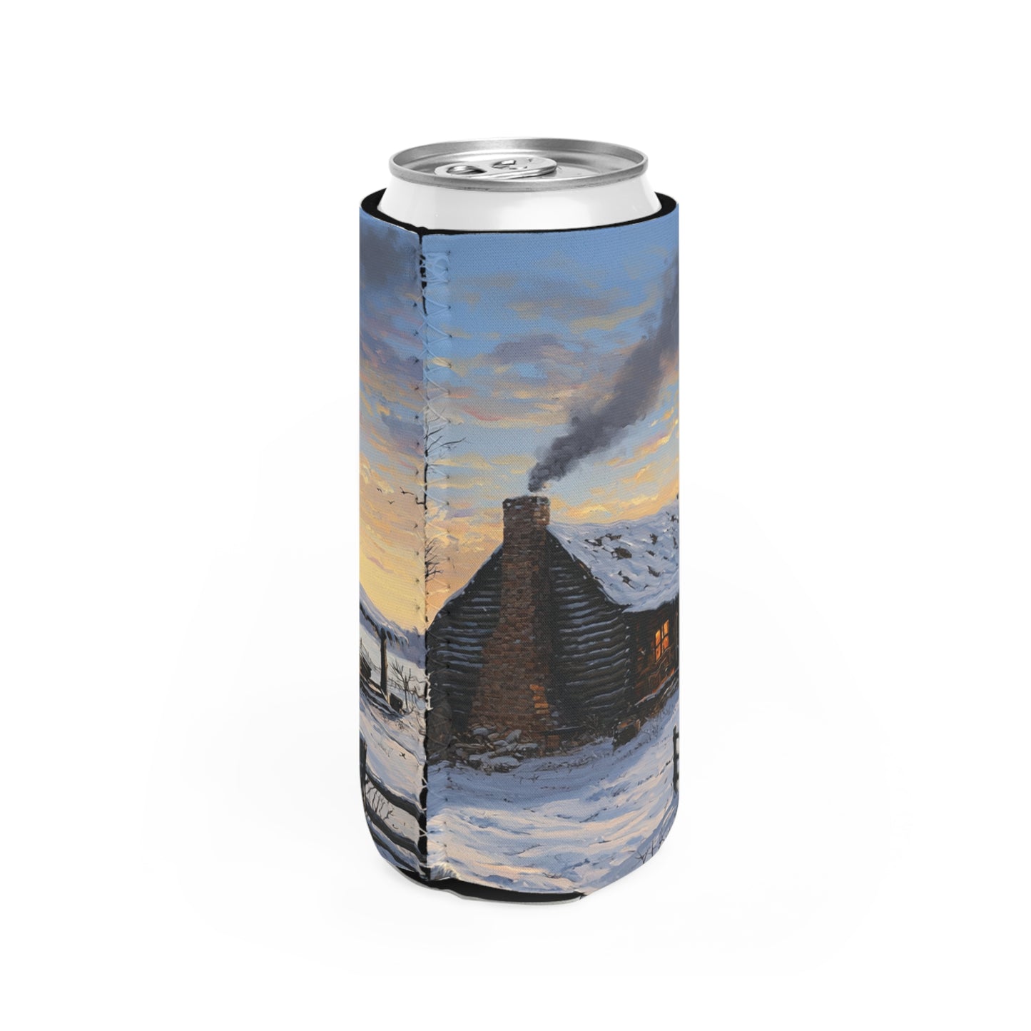 Winter Cabin Slim Can Koozie