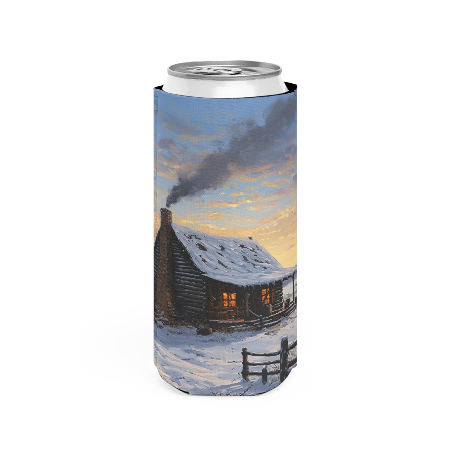 Winter Cabin Slim Can Koozie
